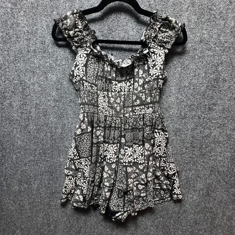 Urban Outfitters Floral Patchwork Romper Black White Smocked Small